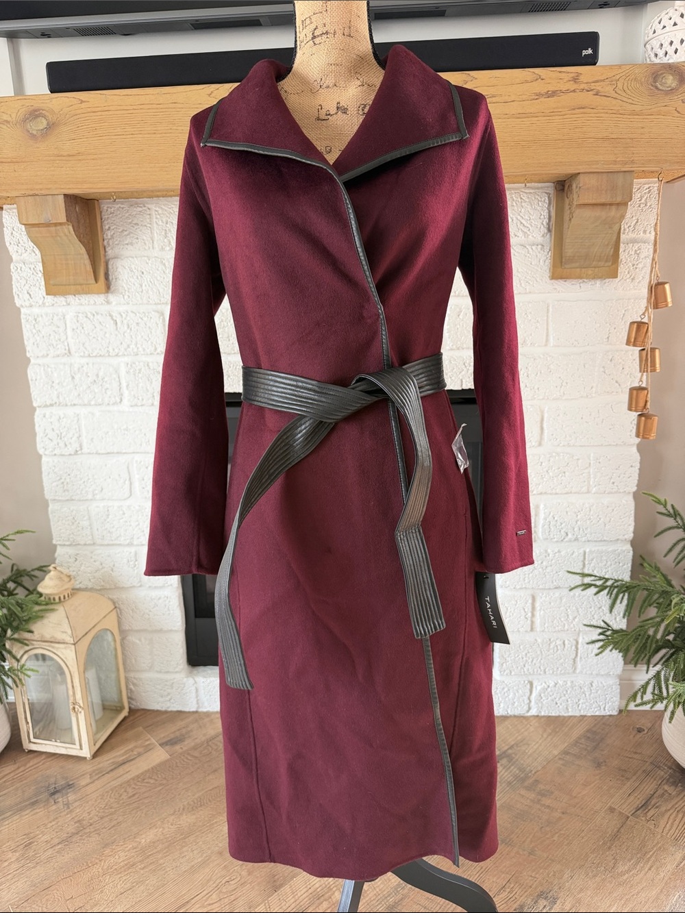 Tahari Eva Cherry Fitted Tweed Trench Coat with Black Trim and Waist Tie